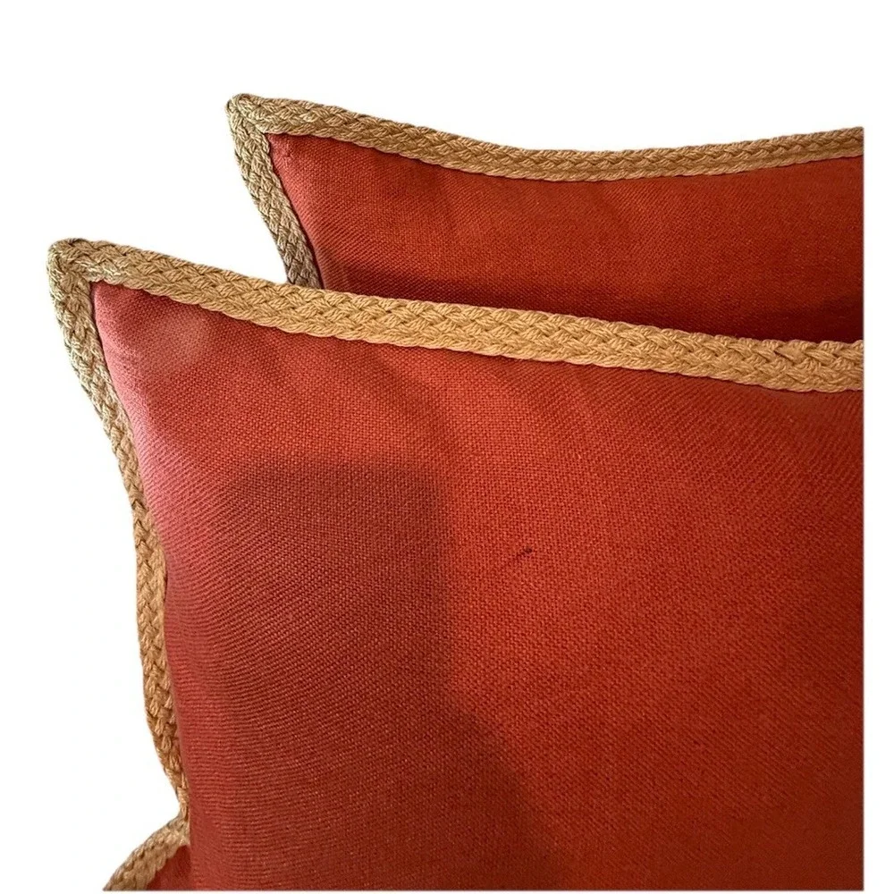 2x Pottery Barn 20x20 Linen Pillows Coral Terracotta Unique Sage Jute Trim Zip